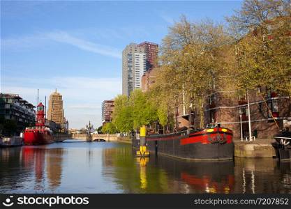 Rotterdam city canal and apartment buildings, South Holland, Netherlands.