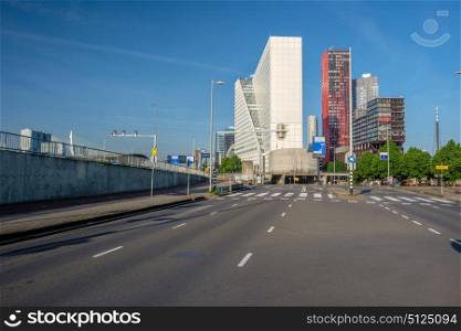 Rotterdam city cityscape skyline with empty road. South Holland, Netherlands.