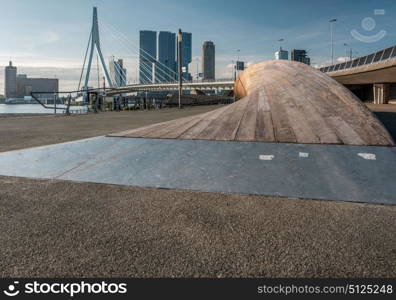 Rotterdam city cityscape skyline with Erasmus bridge and Nieuwe Maas (Rhine) river in front. South Holland, Netherlands.