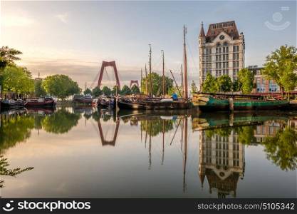 Rotterdam city cityscape skyline with The Witte Huis (White House) and Willemsbrug bridge, Oude Haven, South Holland, Netherlands.
