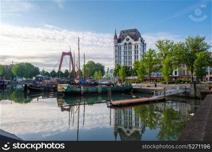 Rotterdam city cityscape skyline with The Witte Huis (White House) and Willemsbrug bridge, Oude Haven, South Holland, Netherlands.