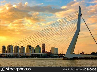 Rotterdam city cityscape with Erasmus bridge at sunset. South Holland, Netherlands.