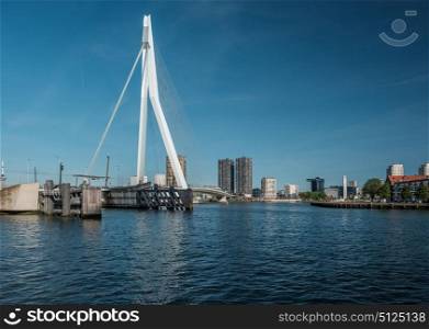 Rotterdam city cityscape with Erasmus bridge. South Holland, Netherlands.
