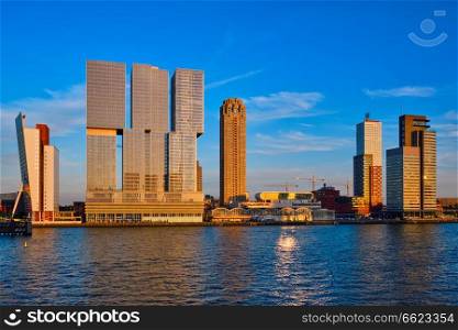 Rotterdam cityscape over Nieuwe Maas river on sunset. Netherlands. Rotterdam cityscape ,  Netherlands
