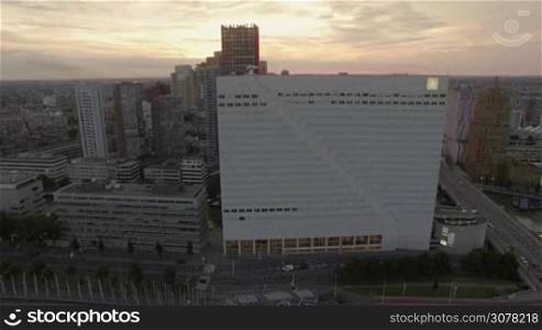 ROTTERDAM, NETHERLANDS - AUGUST 07, 2016: Evening aerial cityscape with Willemswerf and Cube Houses. Rotterdam is famous for its architecture