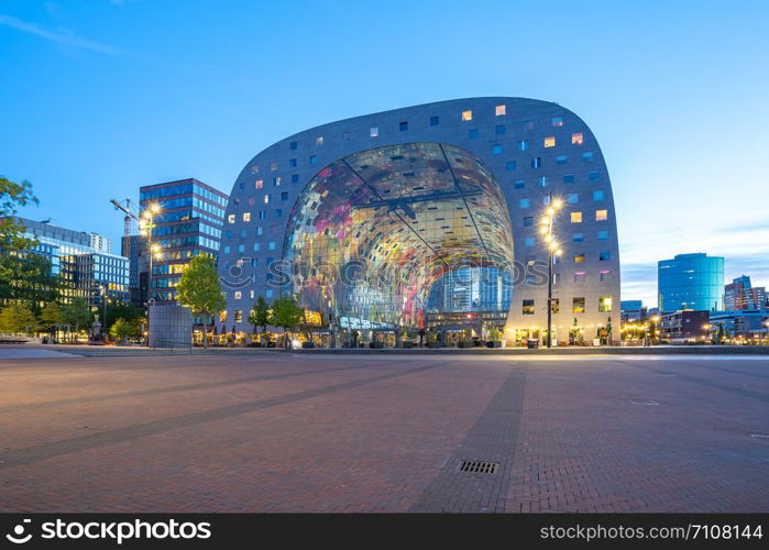 Rotterdam, Netherlands - May 13, 2019: The Markthal at night in Rotterdam city, Netherlands.