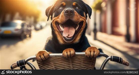Rottweiler dog have fun bicycle ride on sunshine day morning in summer on town street