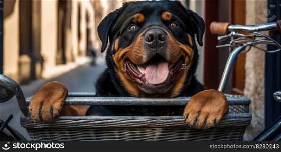 Rottweiler dog have fun bicycle ride on sunshine day morning in summer on town street