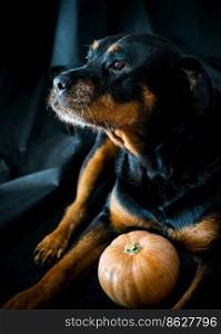 rottweiler dog with a halloween pumpkin