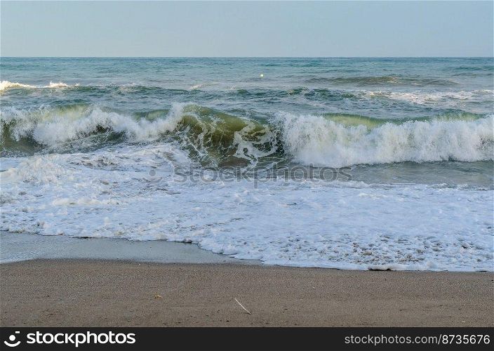 Rough seas during a storm, seen from Fuengirola beach, Costa del Sol, Andalusia, southern Spain