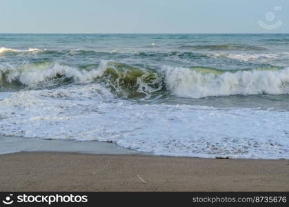 Rough seas during a storm, seen from Fuengirola beach, Costa del Sol, Andalusia, southern Spain