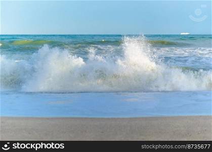 Rough seas during a storm, seen from Fuengirola beach, Costa del Sol, Andalusia, southern Spain