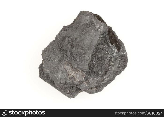 Rough specimen of black coal, a combustible sedimentary rock on a white background