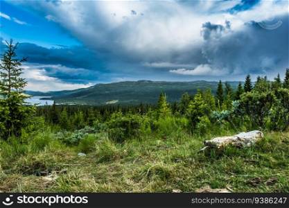 Rough wooden benches made of logs, against the background of a mountains. High quality photo. Rough wooden benches made of logs, against the background of a mountains