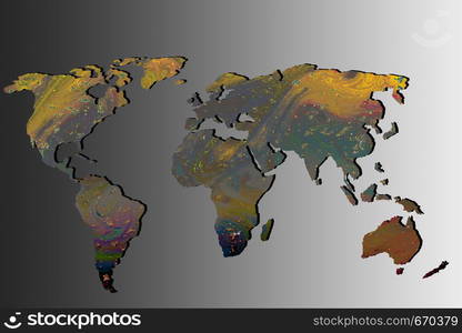 Roughly outlined world map with a colorful background patterns