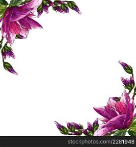 Round background, border or frame made of branches with tender pink blooming magnolia flowers and green leaves. Watercolor floral illustration. Magnolia flower wreath.