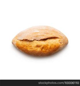 Round baked bread with brans isolated on white background. Top view. Round baked bread with brans