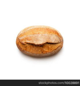 Round baked bread with brans isolated on white background. Top view. Round baked bread with brans