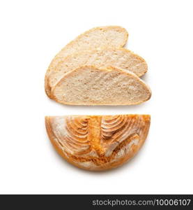 Round baked grain bread sliced isolated on white background. Top view. Round baked grain bread