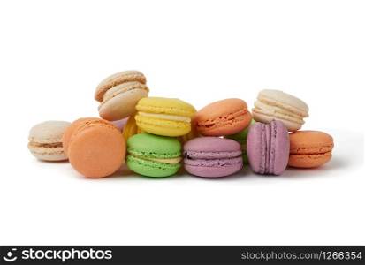 round baked multi-colored almond flour cakes macarons, dessert isolated on a white background