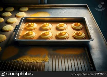 round baking tray with biscuits and dough isolated on white background, created with generative ai. round baking tray with biscuits and dough isolated on white background