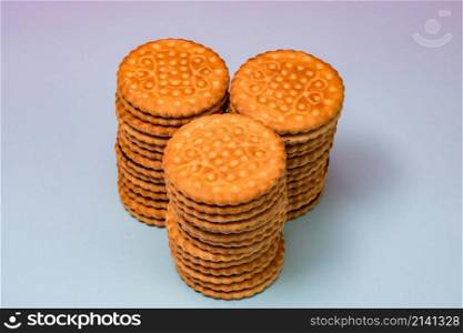 Round biscuits with chocolate cream, sandwich biscuits with chocolate filling isolated.