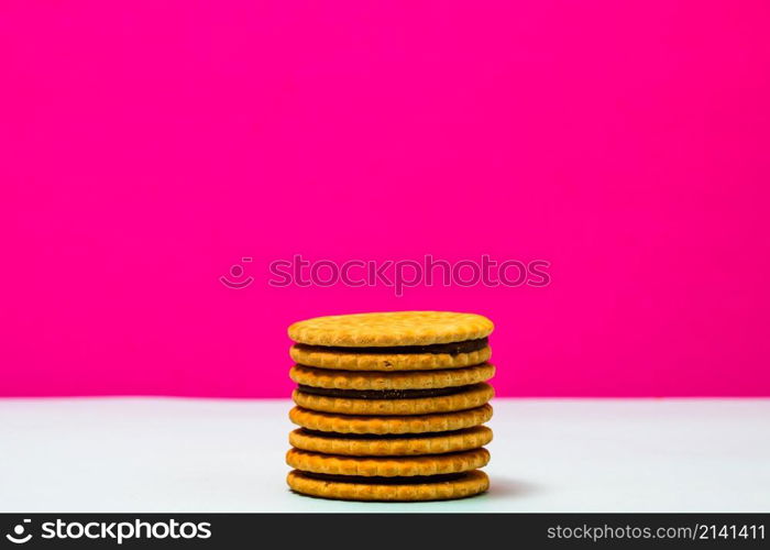 Round biscuits with chocolate cream, sandwich biscuits with chocolate filling isolated.