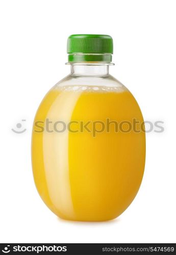 Round bottle of orange juice isolated on white
