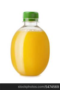 Round bottle of orange juice isolated on white
