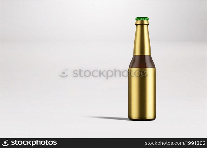 Round bottle with blank gold foil label isolated . beer fiesta concept.