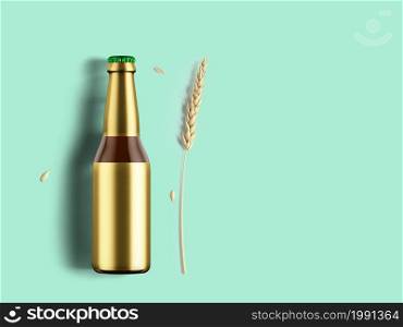 Round bottle with blank gold foil label isolated . beer fiesta concept.