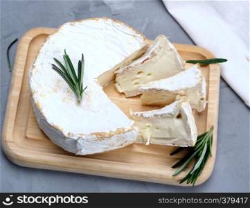 round brie cheese on a wooden board, gray background , top view