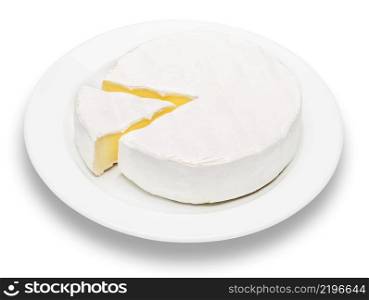 Round brie or camambert cheese on the plate isolated white background. Round brie or camambert cheese on the plate white background