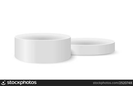 Round cardboard box with removed lying lid mockup. Opened white circular package isolated on white background. Container for hat, gift, cosmetics, cookies. Vector realistic illustration.. Round cardboard box with removed lying lid mockup. Opened white circular package isolated on white background. Container for hat, gift, cosmetics, cookies. Vector realistic illustration