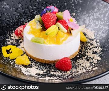 Round cheesecake with fruit decoration and cup of coffee