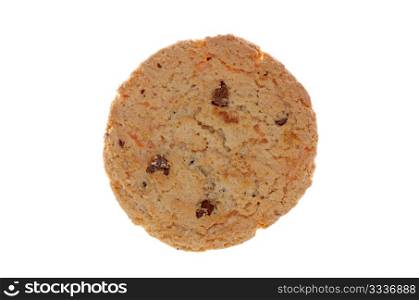 Round chocolate chip cookie isolated on white background.