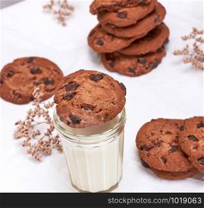 round chocolate cookie and transparent glass with milk, breakfast