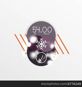 Round Christmas sale stickers with winter holiday elements. Round Christmas sale stickers with winter holiday elements and light effects. geometric price promo labels