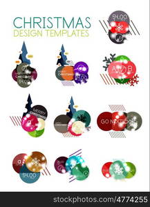 Round Christmas sale stickers with winter holiday elements. Round Christmas sale stickers with winter holiday elements and light effects. geometric price promo labels