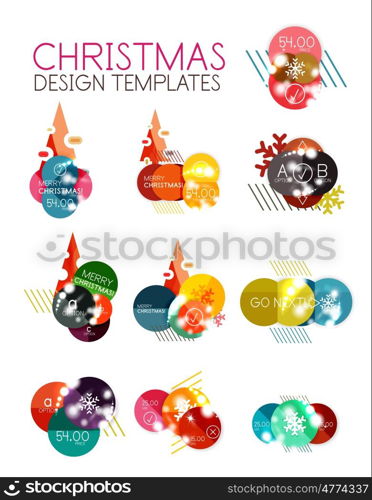 Round Christmas sale stickers with winter holiday elements. Round Christmas sale stickers with winter holiday elements and light effects. geometric price promo labels