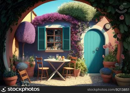round colorful garden summer cafe in sunny cozy backyard, created with generative ai. round colorful garden summer cafe in sunny cozy backyard