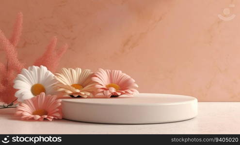 Round display podium mockup, paper cut spring flowers and leaves, vector illustration. Spring floral background, pedestal, stage for beauty and cosmetic product ads