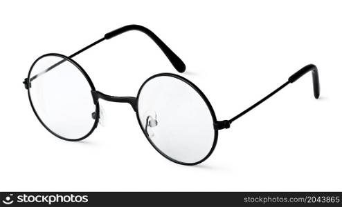 Round eyeglasses in black frame isolated on a white background. Round eyeglasses isolated