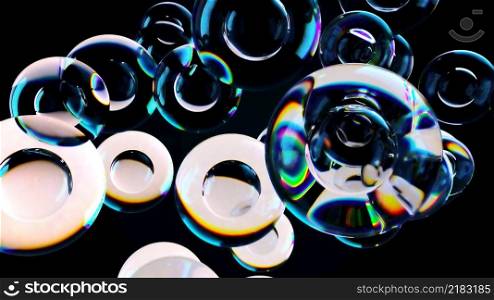 Round falling transparent 3d render balls with crystal realistic reflection. Translucent pearls in digital dance with textured tracery. Liquid soap design for creative presentation splash.. Glass bubbles with highlights.