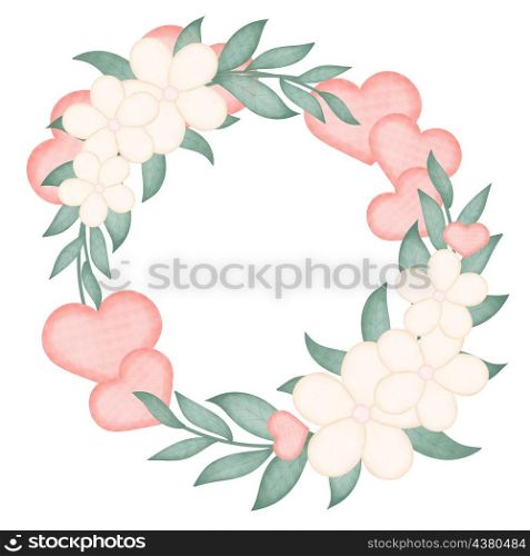 Round floral frame with pink hearts. Delicate flowers with leafy twigs rim. Watercolor botanical decoration template for greeting card, greeting or invitation. Round floral frame with pink hearts