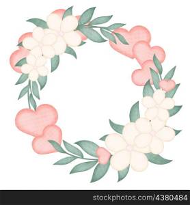 Round floral frame with pink hearts. Delicate flowers with leafy twigs rim. Watercolor botanical decoration template for greeting card, greeting or invitation. Round floral frame with pink hearts