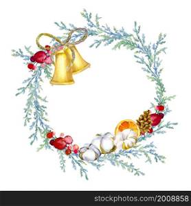 Round frame composed of fir and juniper branches, golden bells, cones, red berries, cotton bolls, orange slices. Beautiful background for cards and invitation or other design.. decorative composition of christmas elements, in a round frame