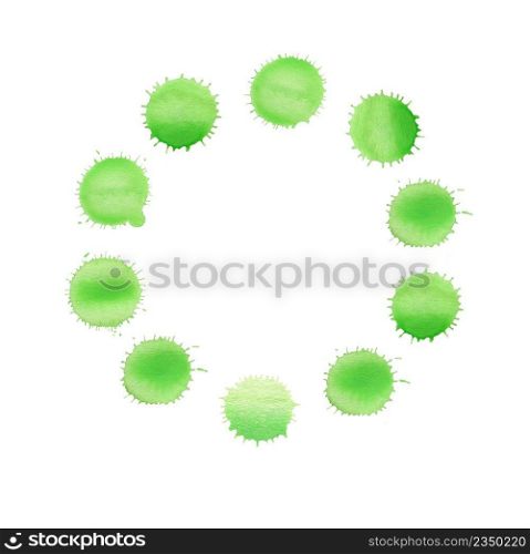 Round frame made of watercolor rainbow blobs, colorful paint drops texture. Colorful watercolor splashes isolated on white background. Colorful watercolor splashes