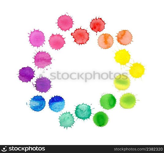 Round frame made of watercolor rainbow blobs, colorful paint drops texture. Colorful watercolor splashes isolated on white background.  Colorful watercolor splashes
