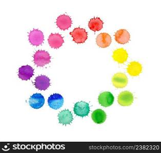 Round frame made of watercolor rainbow blobs, colorful paint drops texture. Colorful watercolor splashes isolated on white background.  Colorful watercolor splashes